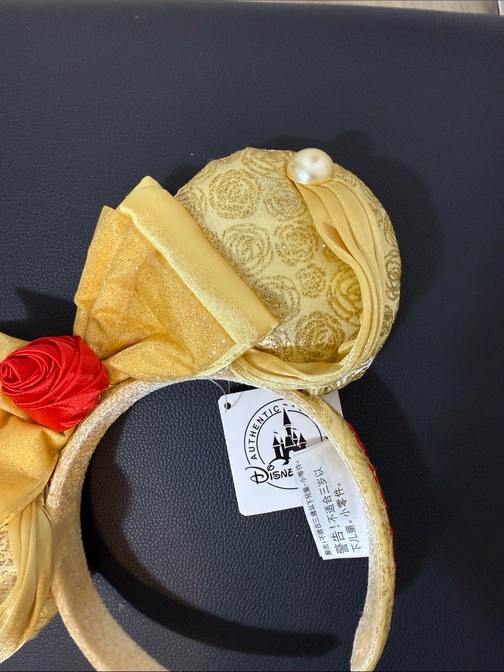 Disney Gold Princess Belle Mouse Ears Headband with Red Rose Accent - Picture 2 of 7